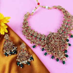 antique gold plated temple necklace and earring set