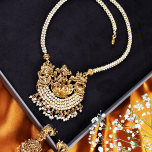 traditional gold plated lakshmi kasu long necklace set with jhumka